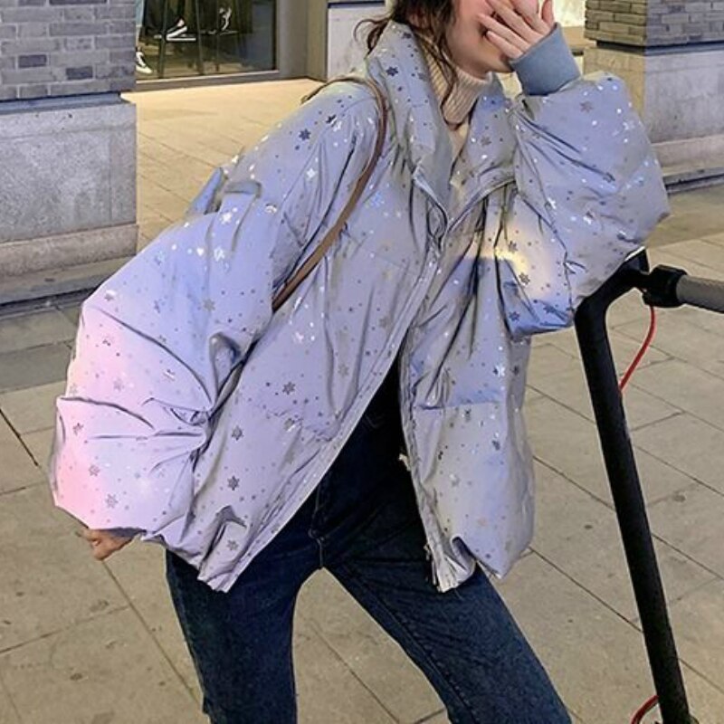 Kort stil parkaer trendy blank sølv chic vinter dame outwear harajuku studerende oversize jakker match streetwear 5xl