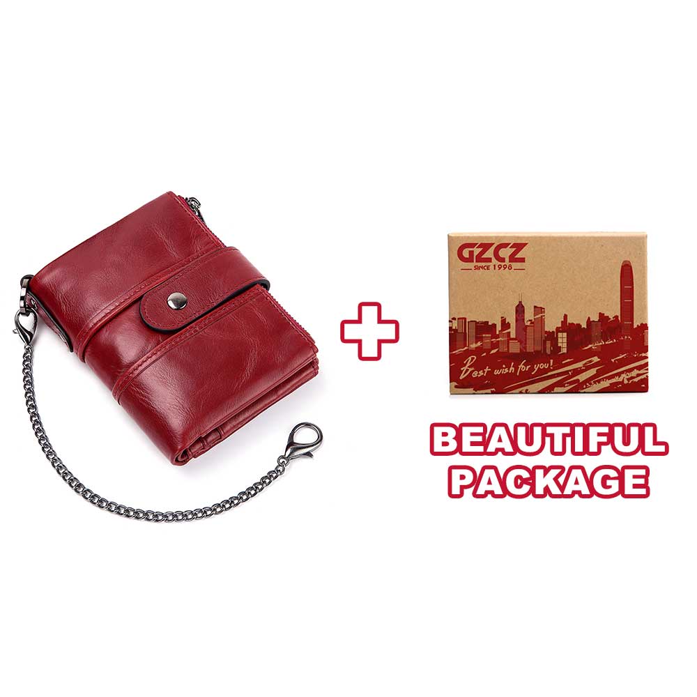 Wallet Wallets Women Women 100% Genuine Leather lady Red Walets For Organizer Coin Purse Clutch Short Small: Red-BOX-Chain