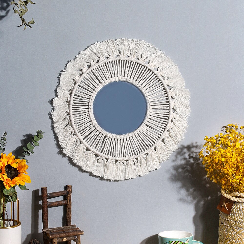 Espejo de pared colgante con flecos de macramé, redondo, bohemio, decoración artística para apartamento, sala de estar, dormitorio de bebé, guardería, entrada: 02