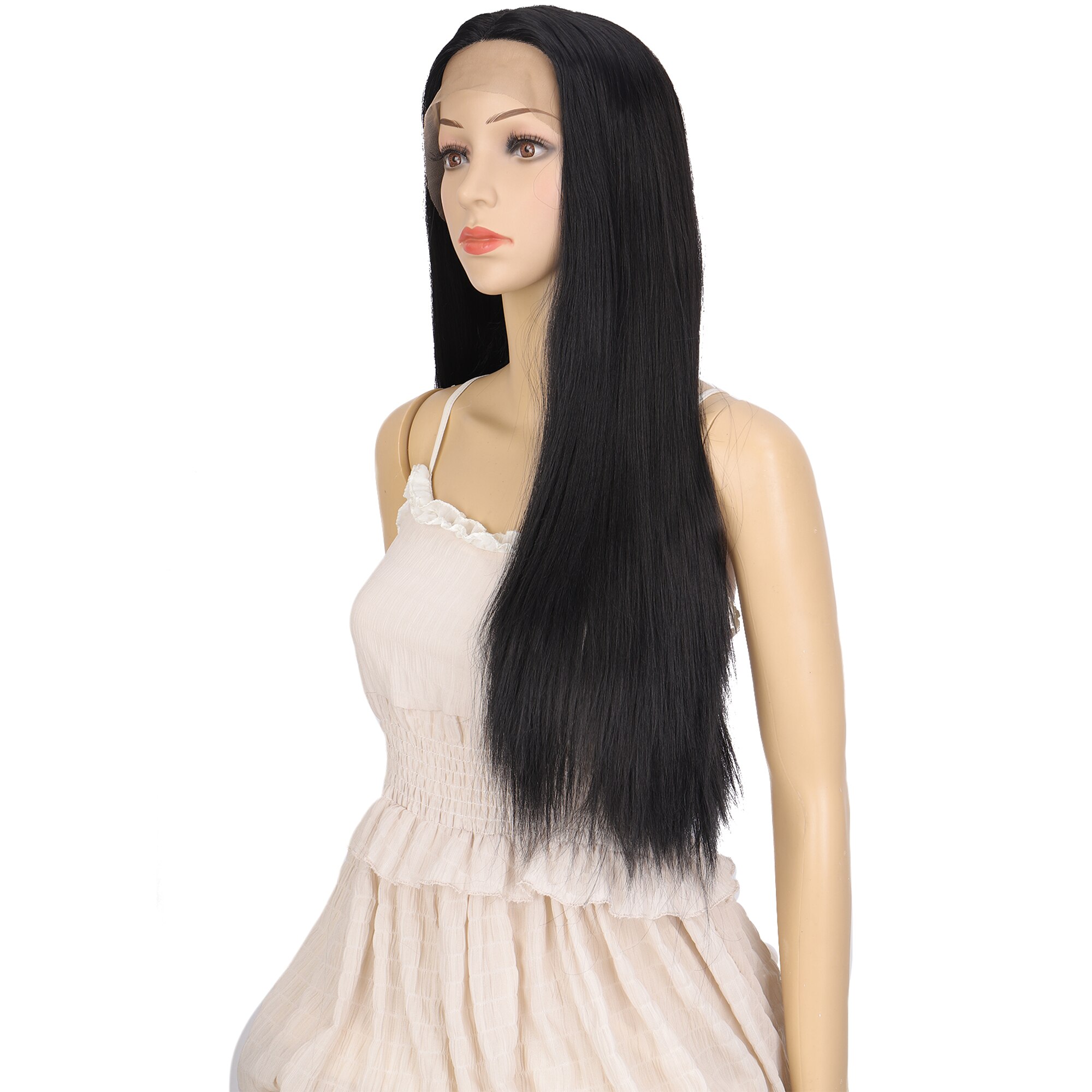 MANWEI Front lace pure black synthetic lace front soft wig female black long straight hair cosplay daily dinner party wedding