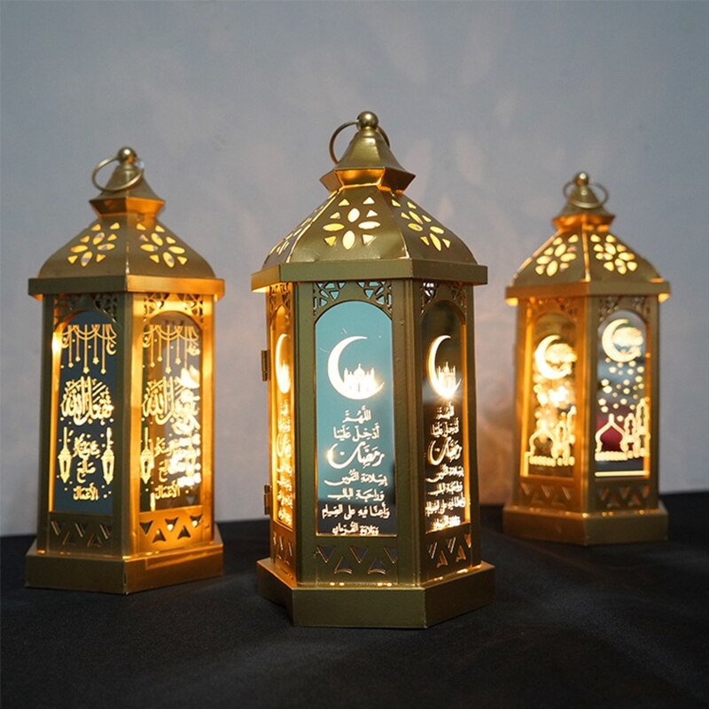 Eid mubarak led lys metall lanterne lampe batteri nattlys ramadan dekorasjon: Rødbrun