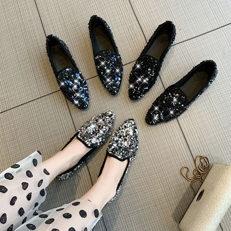 Pointed Toe Glitter Moccasins Women Shoes 35-40 Bling Loafers Espadrilles All-match Ballerina Woman Fairy Paillette Flats