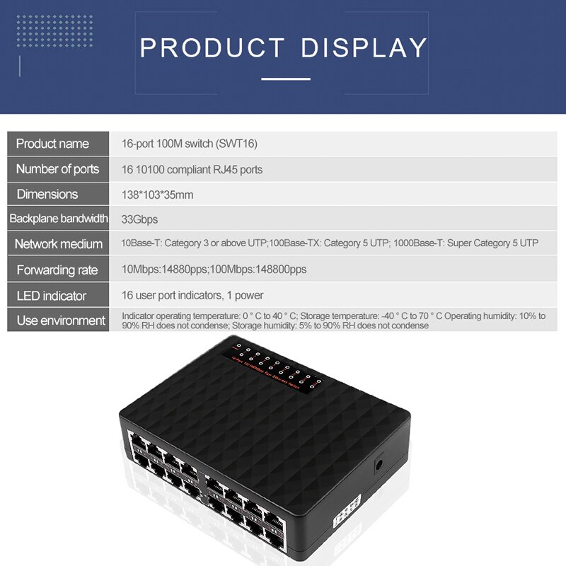 16 Ports 10/100Mbps Network Switch Fast Ethernet LAN RJ45 Vlan Hub Desktop PC Switcher EU Plug