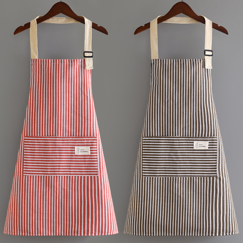 Hemp Apron Striped Cotton Household Japanese Aprons For Cleaning Cooking Baking With Large Pocket Cute Women's Apron Overalls