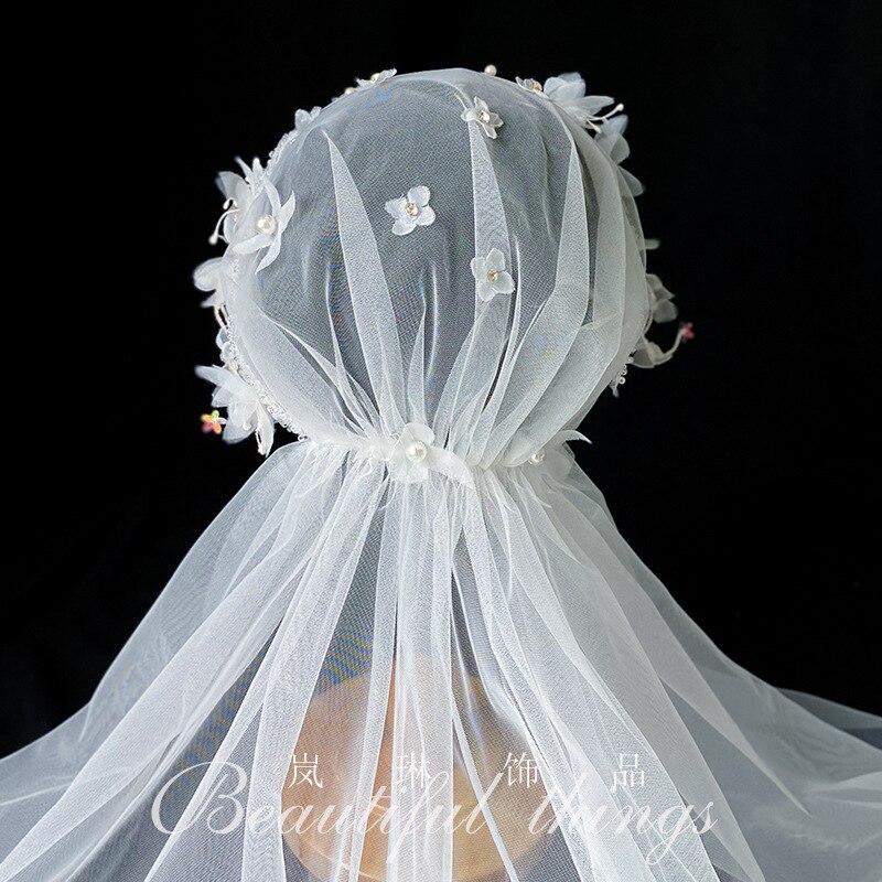Voile long en dentelle féerique, belle coiffure, maille de gaze blanche, accessoires de cheveux pour mariage