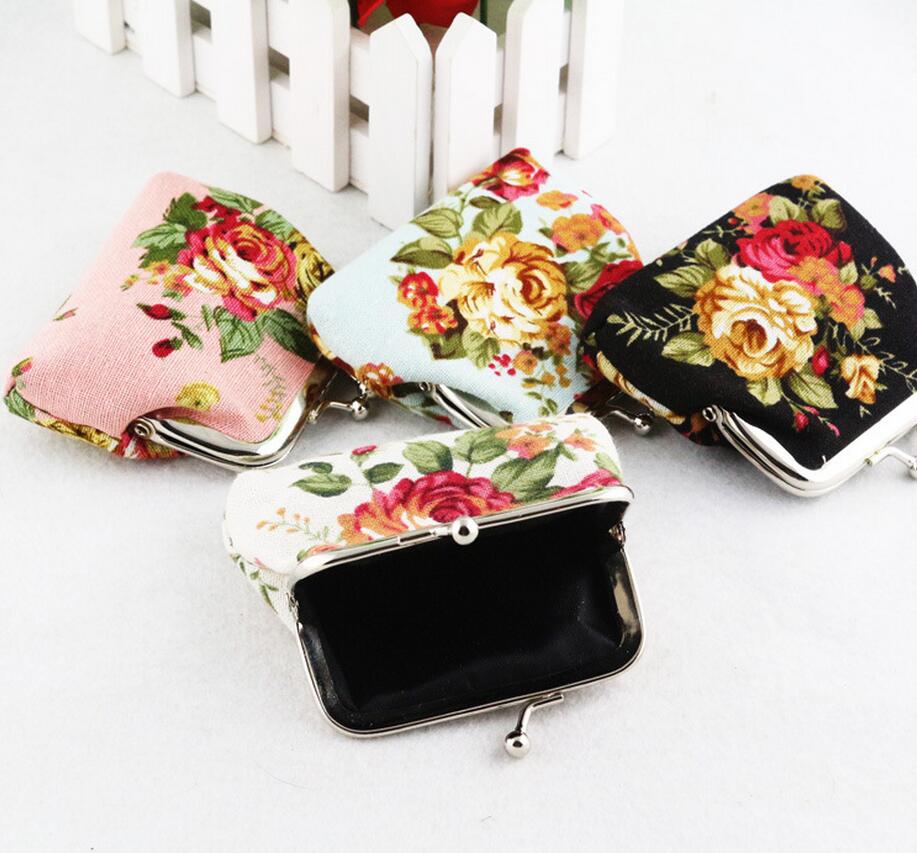 Vintage Style Women Cotton Fabric Coin Purse Big Rose Printed Wallets Key Holders Party For Girls 8pcs/lot