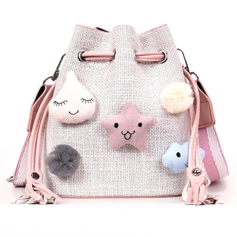 Mode Geweven Leuke Sterren Bal Decor vrouwen Schoudertas Trekkoord Emmer Zak Leuke Charm Decor Crossbody Tas Met Pouch: Pink