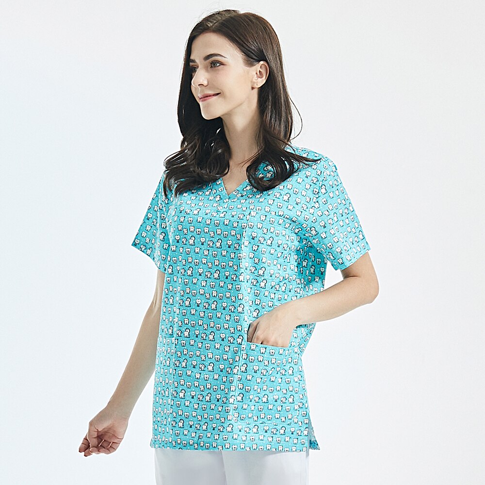 Col en v respirant scrubs vêtements de travail dessin animé impression scrubs hauts/chemises uniforme animal de compagnie toilettage travail vêtements ensemble hommes et femmes