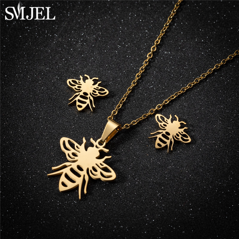 Juegos de joyas para mujer de mariposa de acero inoxidable de estilo coreano, collar con colgante de insecto y abeja de dibujos animados, de boda para playa de verano para niñas: Bronce antiguo plateado