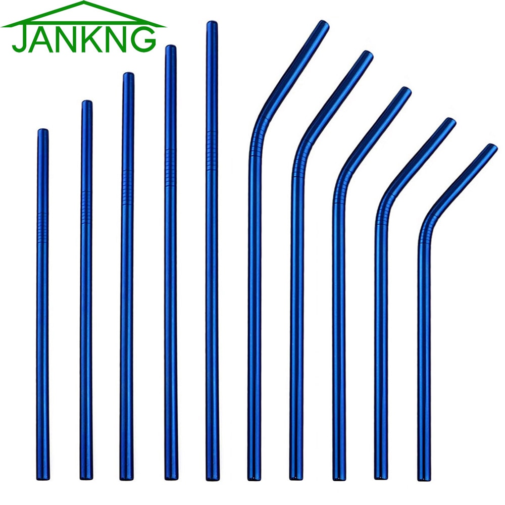 Jankng 2 stuks kleurrijke blauwe rietjes 304 roestvrijstalen rietjes 16/19/21/23/26cm drinkrietjes herbruikbare gebogen metalen rietjes met borstel