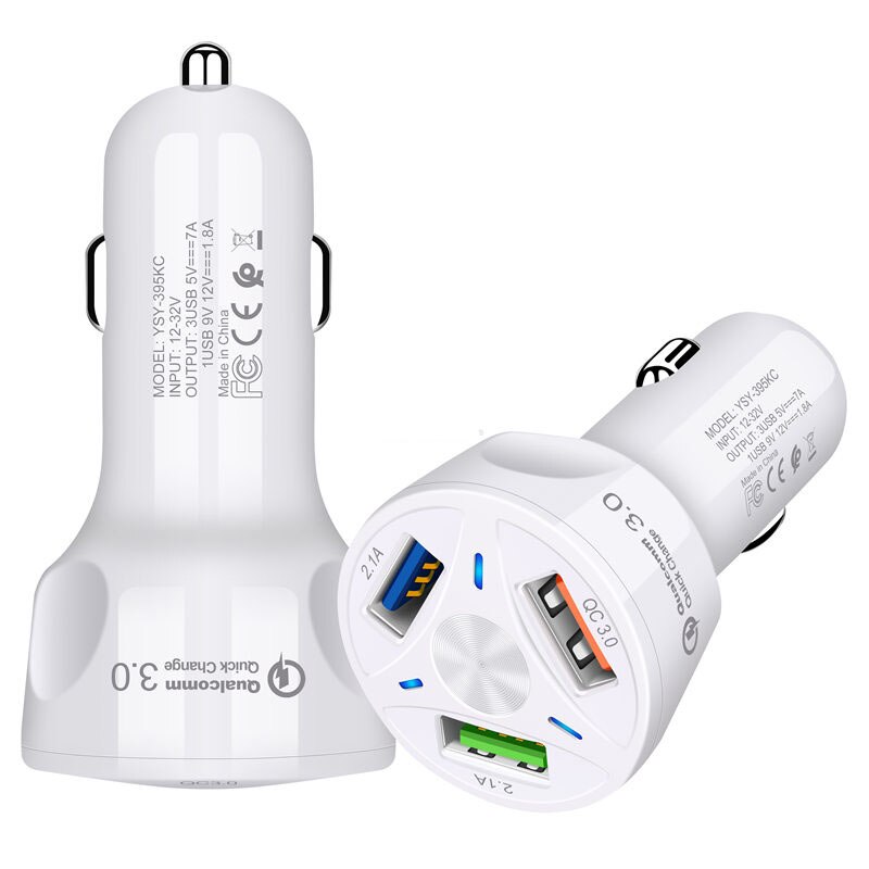 UTBVO 3 Ports USB 7A Fast Car Charger Quick Charge 3.0 Car Cigarette Lighter For Samsung Huawei Xiaomi iPhone Car Adapter QC 3.0: White