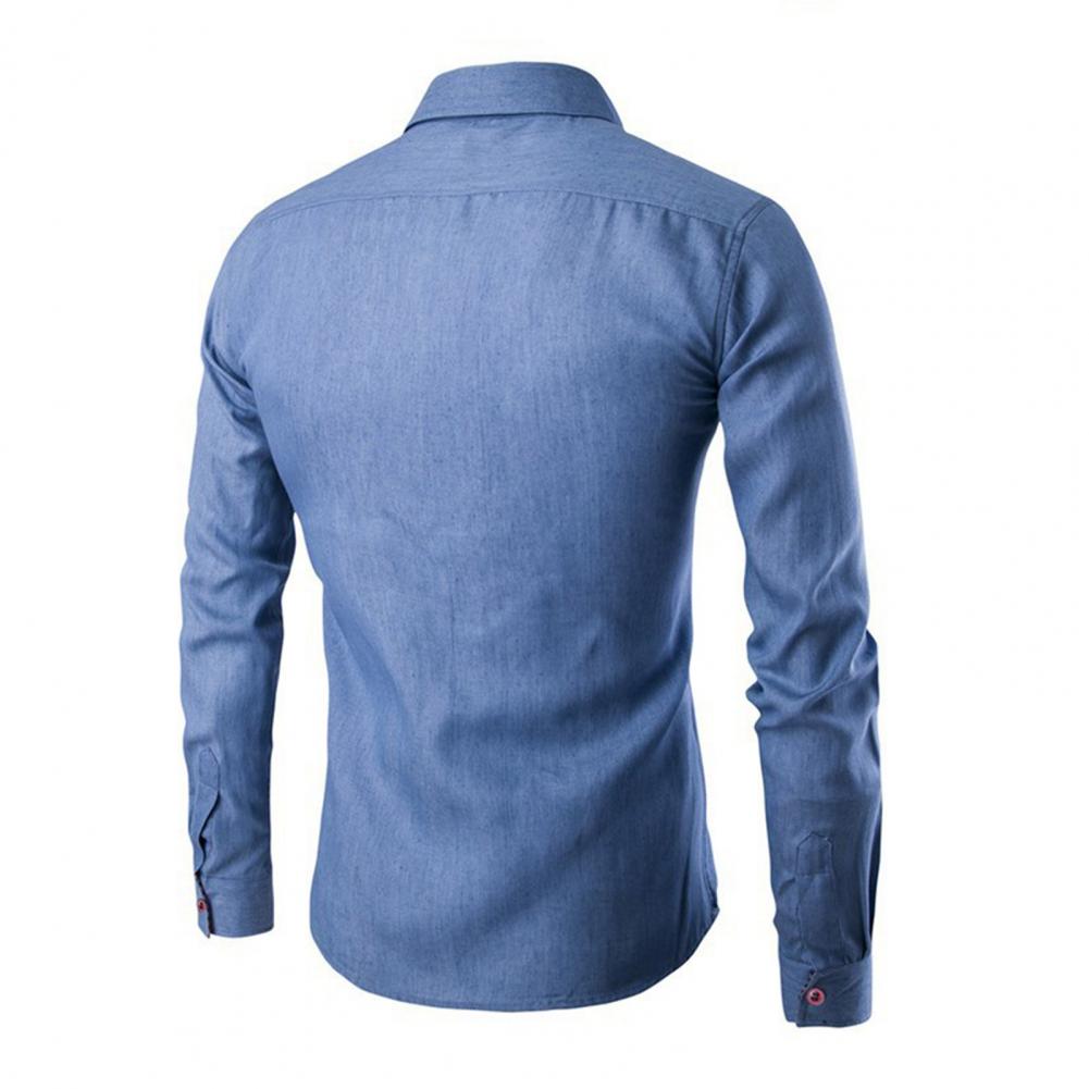 Men Solid Color Long Sleeve Jeans Shirts Breathable Casual Denim Top for Work