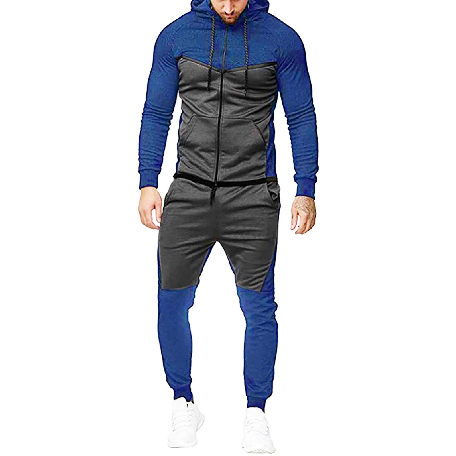 Männer Mit Kapuze Tops Hosen Anzug, Patch Farbe Lange Hülse Hemd Sport Lauf Jogger Hosen: L / D