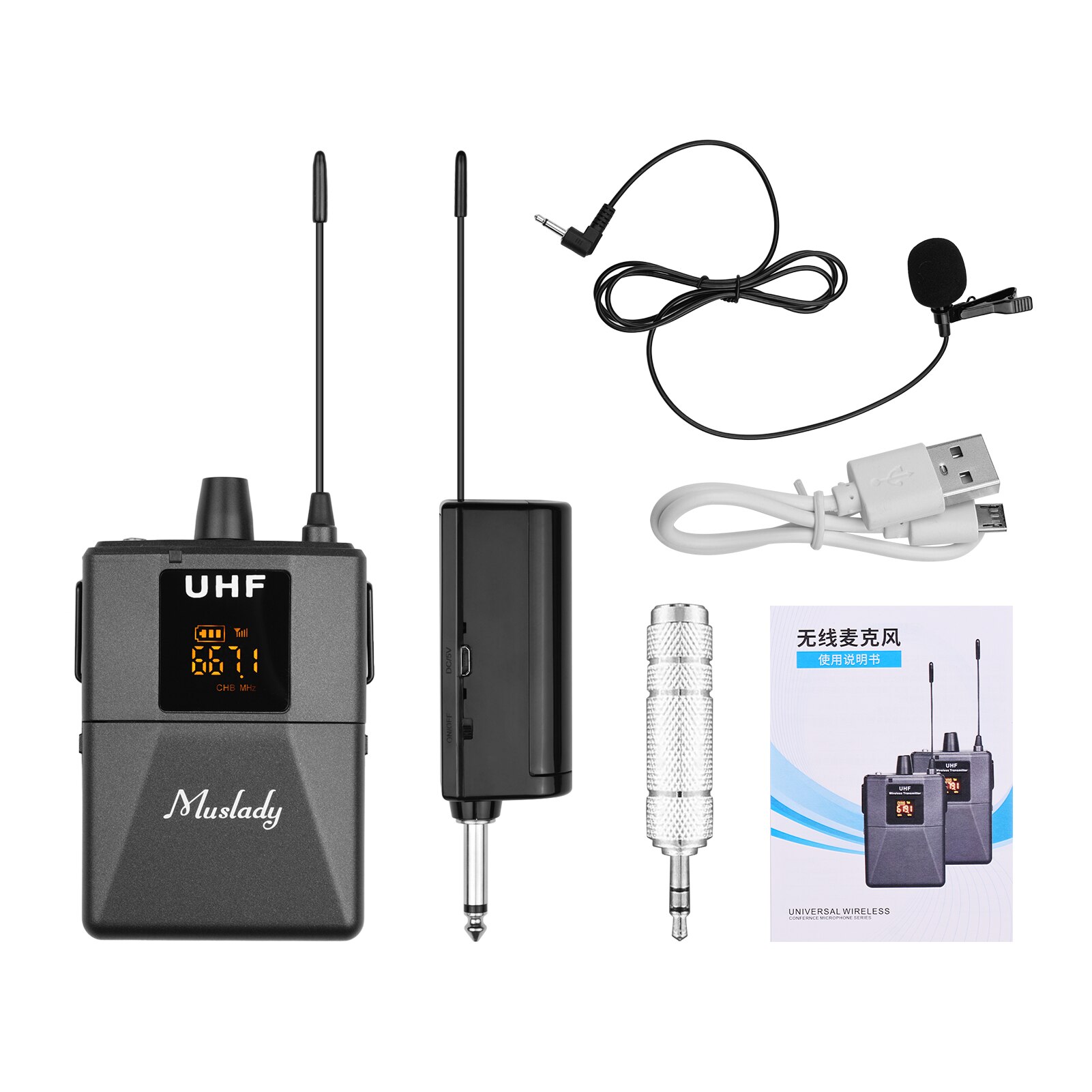 UHF Wireless Microphone System with Microphone Body-pack Transmitter and Receiver 6.35mm Plug with 3.5mm Adapter: 1 TX and 1 RX