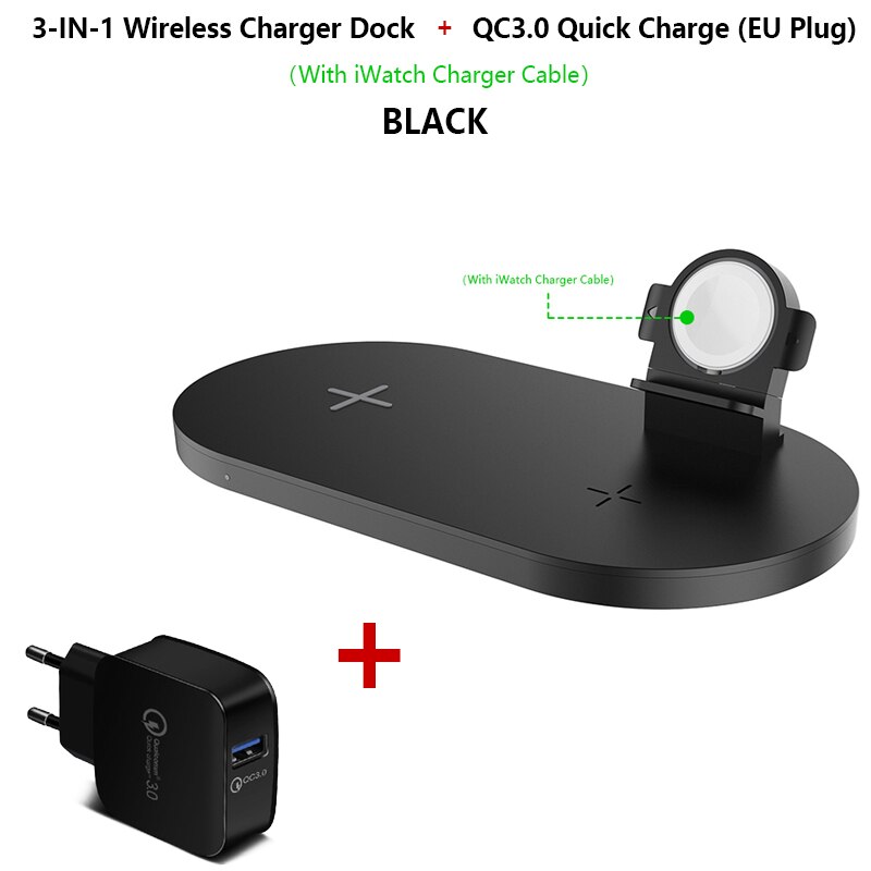 Qi Wireless Charger 3in1 15W (MAX) Fast Charging Stand Dock for Apple Watch 5 4 Airpods 2 3 Wireless Charge for iPhone Samsung: QC3.0 Watch Black