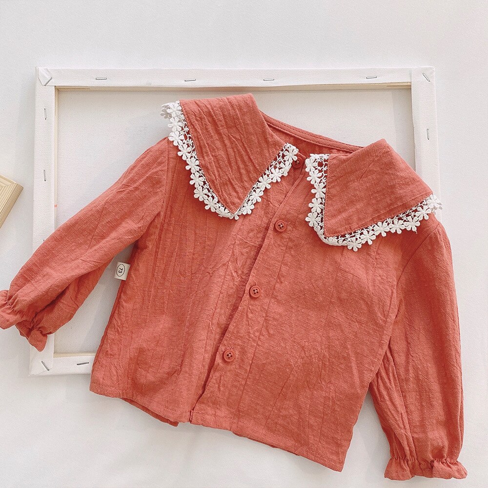 printemps bébé filles couleur unie col à fleurs à manches longues chemise: Red / 100cm