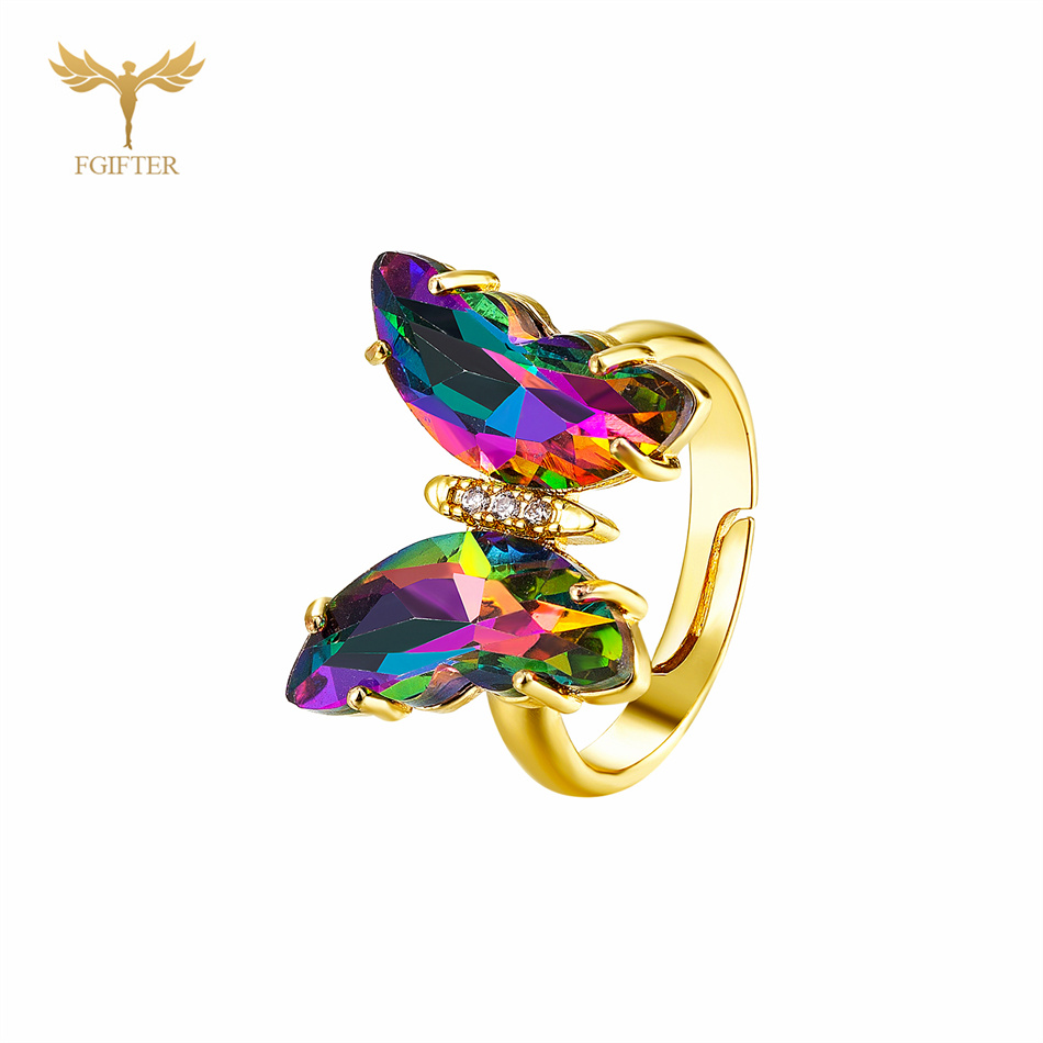 Anillos de mariposa de circón en 18 colores para mujeres y niñas, accesorios de joyería para dedo de mano de cobre de Color dorado de lujo, de tamaño ajustable