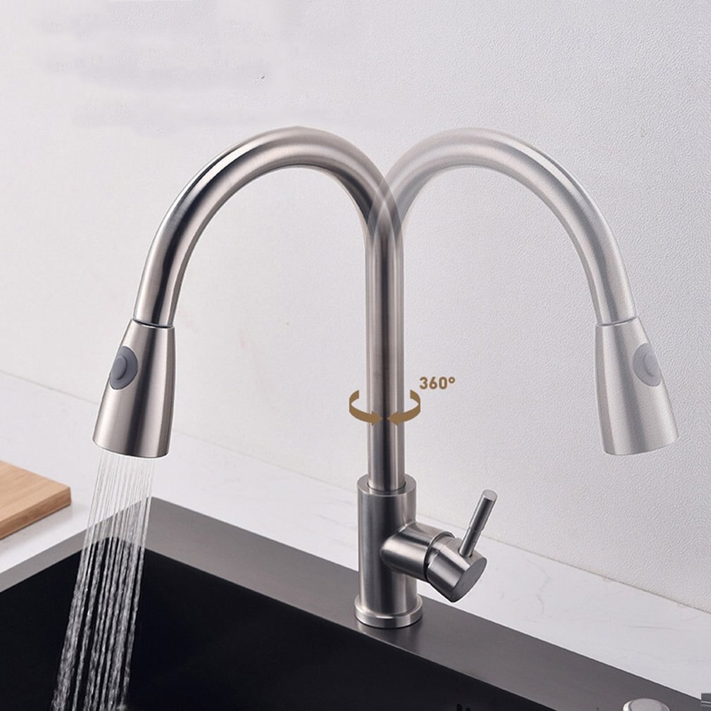 Kitchen Faucet Pull Out Cold and Sink Faucet 304 Stainless Steel Water Mixer Tap Swivel 360 Degree Two Types Silver