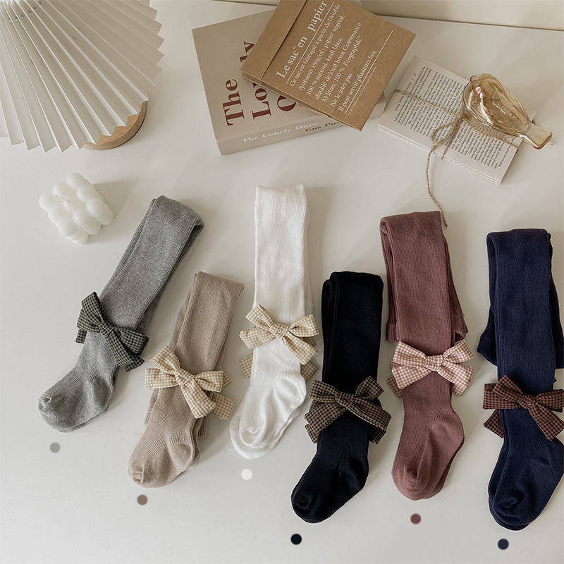 Meia-calça infantil de algodão, calça legging branca de outono com dupla agulha xadrez e laço para meninas