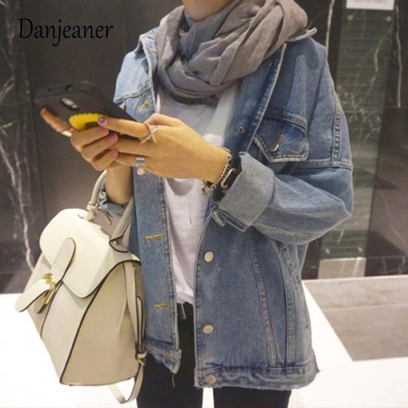 Danjeaner BF Wind Loose Large Size Denim Jacket Female Turn Down Collar Coat Casual Jean Jackets Frayed Pattern Basic Coat