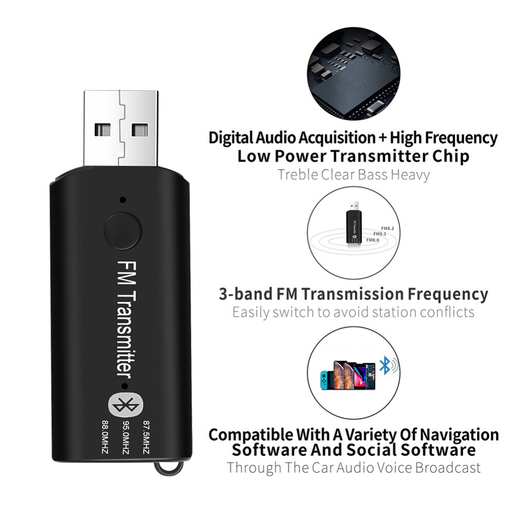 KEBIDU Car USB Bluetooth Transmitter 3.5mm Bluetooth 5.0 EDR Wireless Adapter FM Car Kit Handsfree for iPhone Samsung Android