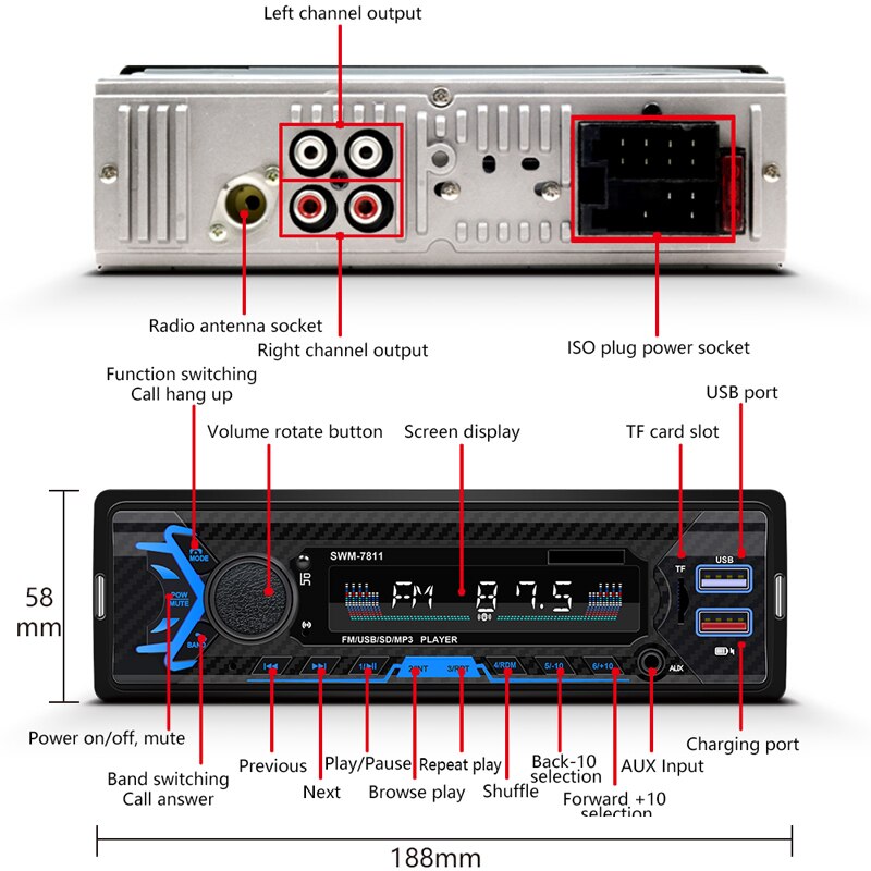 Auto Radio 1 Din Bluetooth Car Stereo Receiver Fm MP3 Speler Handsfree A2DP Tf Usb Opladen Stuurwiel Afstandsbediening Hoofd unit 7811