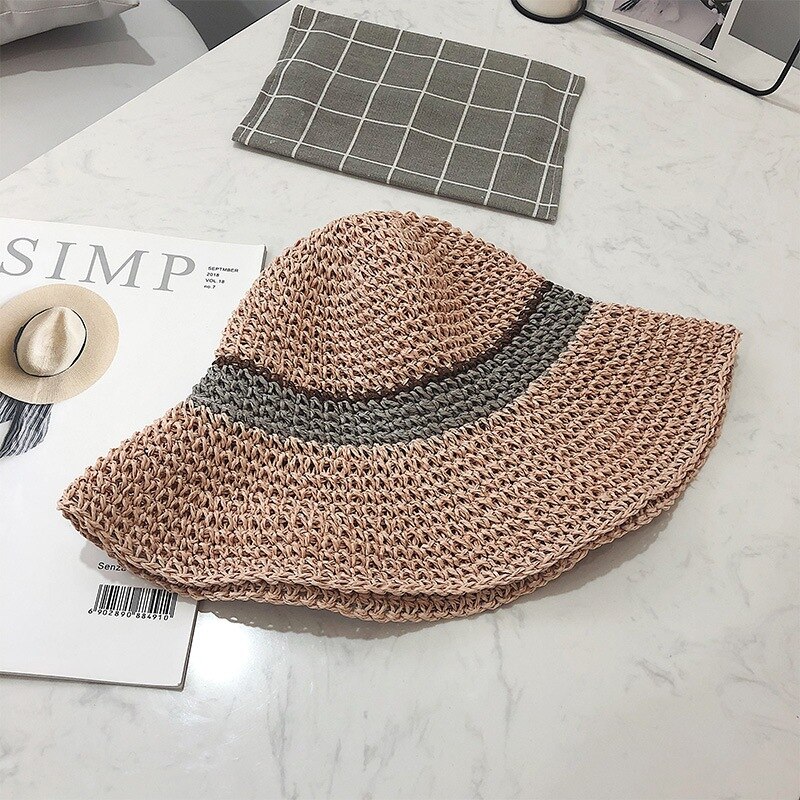 Simple Portable Summer Beach Hat Female Casual Panama Hat Lady Brand Women Flat Brim Straw Cap Girls Sun Hat Bob: Pink