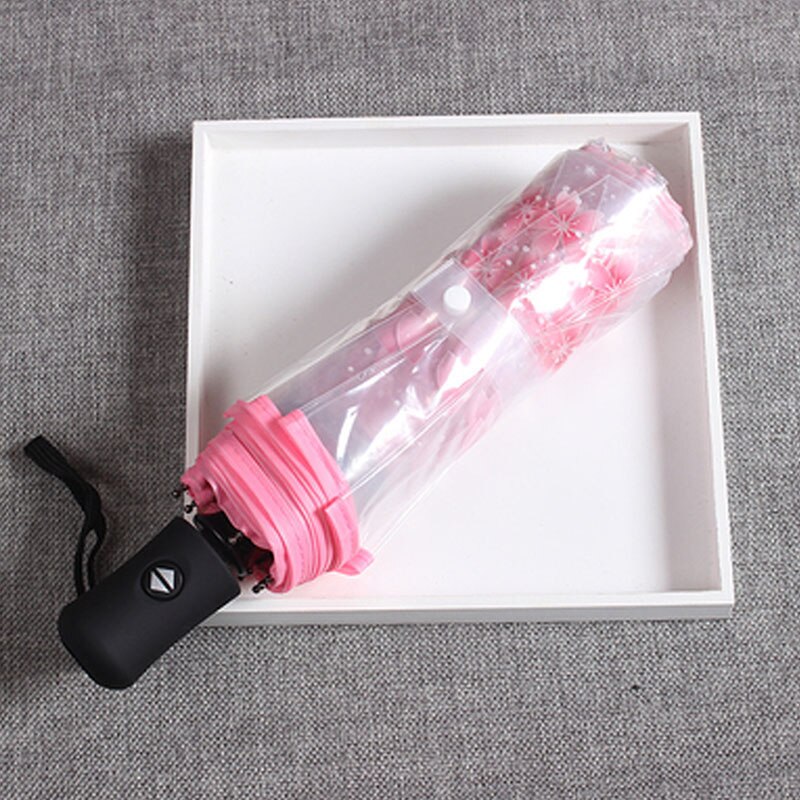 Japanese Cherry Blossom Transparent Umbrella Plastic Girl Female Cute Flower Rain Umbrellas 3 Folding Women Clear Umbrella Small: Automatic Pink
