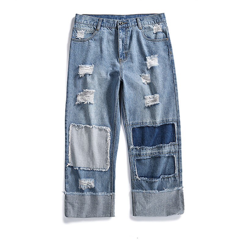 2020 nowe wiosenne i jesienne męskie jeansy luźne proste nogawki poszarpane spodnie modna, patchworka spodnie jeansowe: Xl