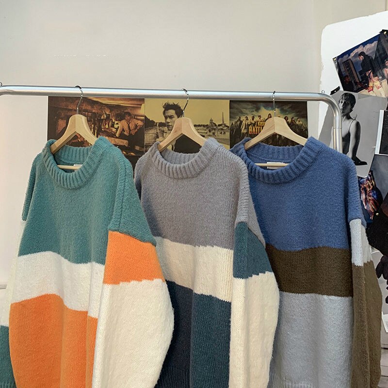 Gensere herre lappeteppe langermet panel høst vinter koreansk stil trendy fritidsgensere tenåringetone strikket stilig ins bf