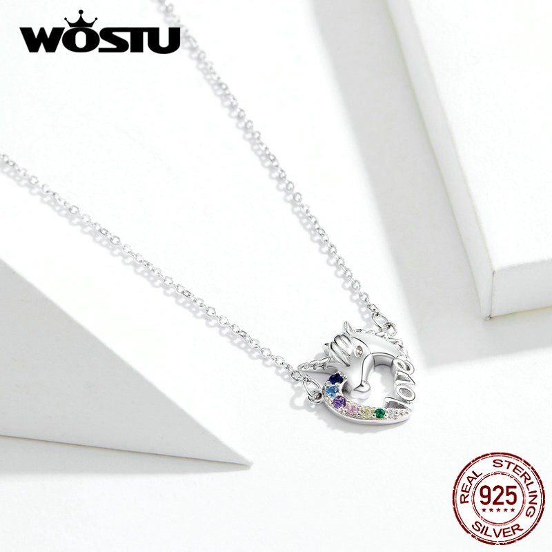Wostu real 925 prata esterlina unicórnio do amor colares zircão pingente longo elo de corrente para o casamento feminino moda jóias cqn348