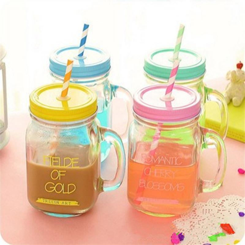 Bouteille transparente en verre, pour jus de fruits, jus de fruits et boissons fraîches, contenant en paille pour le Sport, bocal à maçon et citron, avec couvercle