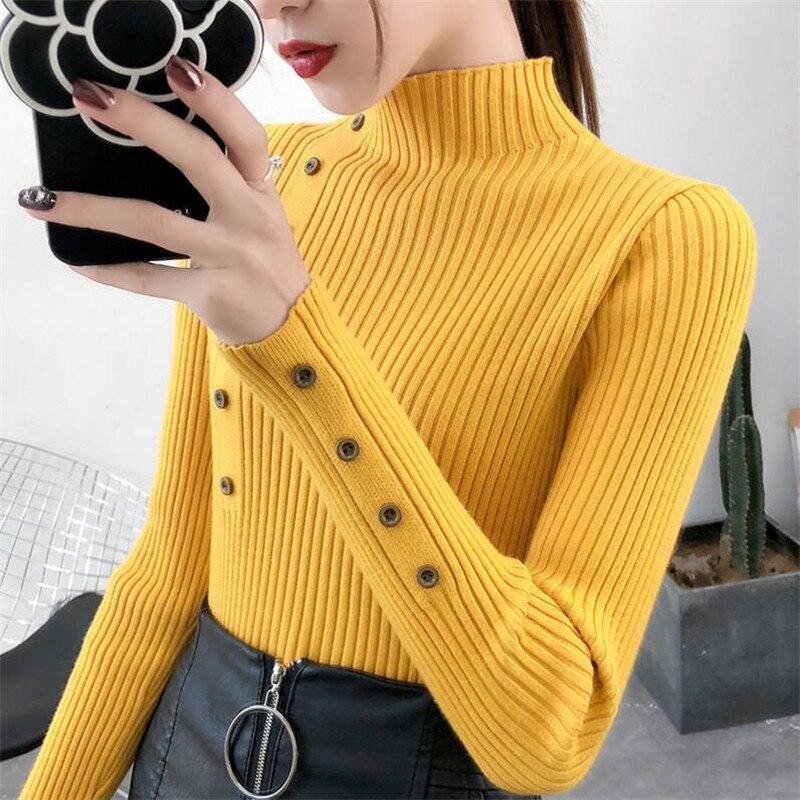 Vrouwen Herfst Gebreide Slanke Truien Solid Gebreide Vrouwelijke Katoen Zachte Elastische Kleur Truien Knop Volledige Mouw Coltrui