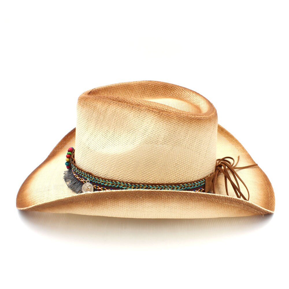 Kvinder halm cowboy hat med punk læderbånd til lady western sombrero hombre cowgirl jazz caps størrelse 58cm