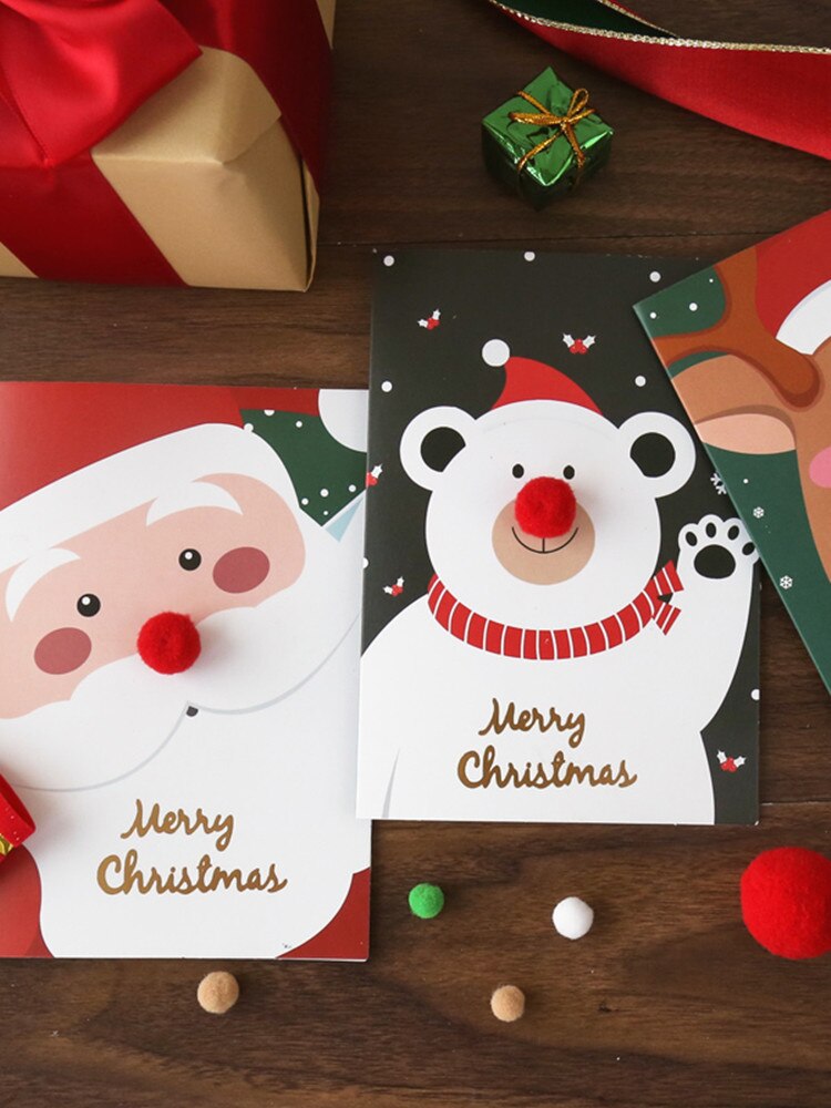 5pcs Merry Christmas Greeting Cards Envelope Kids Year Cartoon Xmas Party Decorations Postcard DIY Blessing Cards