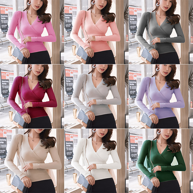 Kvinder afslappet solid strik tunika toppe slanke lange ærmer v-hals skjorter sweater club  zj55