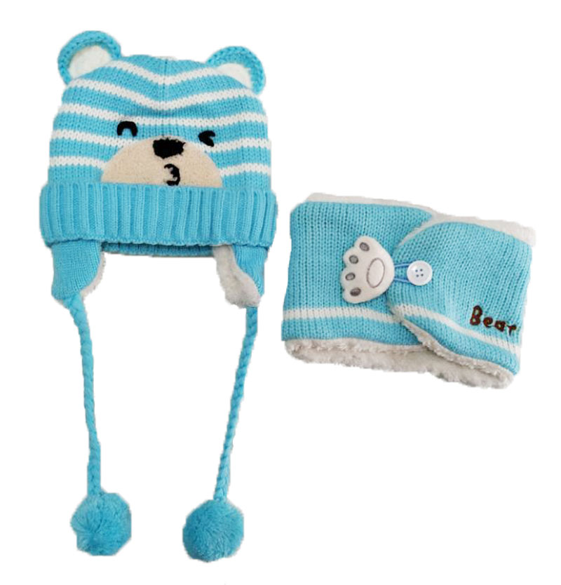 Gorro de invierno para niña, conjunto de bufandas para niños, niños, dibujos animados, oso, rayas, gorro de punto, gorro y bufandas con botón, traje cálido: Azul cielo