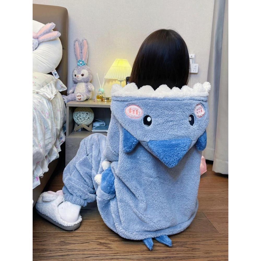 Cartoon Schattige Haai Dames Pyjama Flanellen Capuchon Nachtkleding Pijama Jumpsuit Dames Set Schattige Pyjama Halloween Party Loungewear