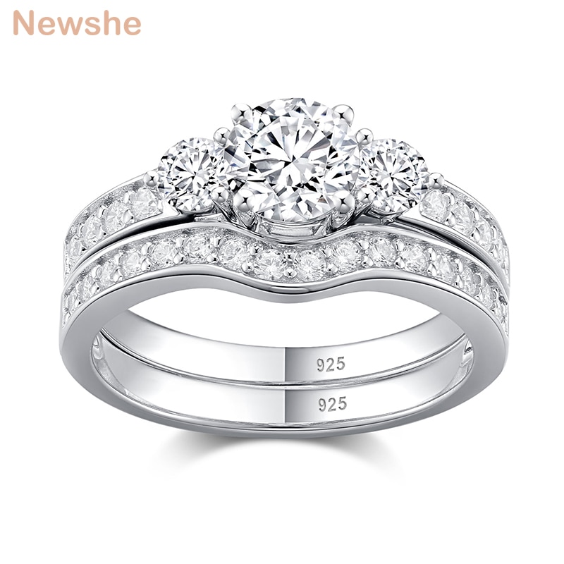 Newshe-Conjunto de 2 anillos de boda de plata 925 sólida para mujer, anillo de compromiso de 3 piedras, joyería clásica nupcial, BR1099
