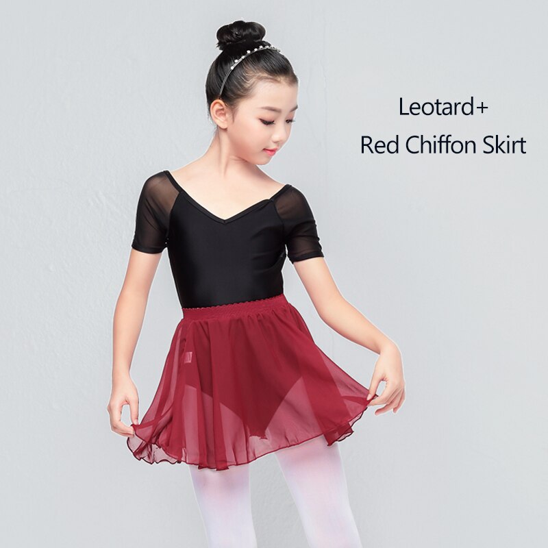 Ballet Leotard Girls Ballerina Costume Black Dance Leotard Chiffon Skirt Suit Kids Gymnastics Dance Wear Mesh Splice: Red Skirt Suit / 120  120 to 130cm