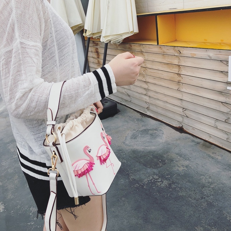 Sacs à main en cuir PU pour femmes, sac seau de styliste Flamingo, sac à bandoulière pour dames, sacs de Massage,: White