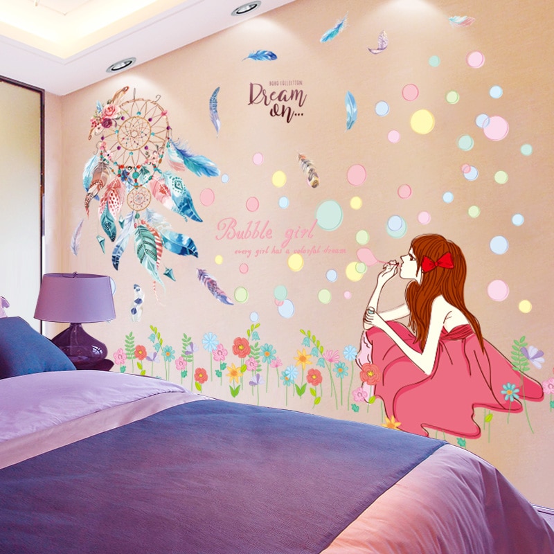 [Shijuekongjian] Dreamcatcher Veren Muurstickers Diy Cartoon Meisje Muurstickers Voor Kinderen Kamers Nursery Huis Decoratie