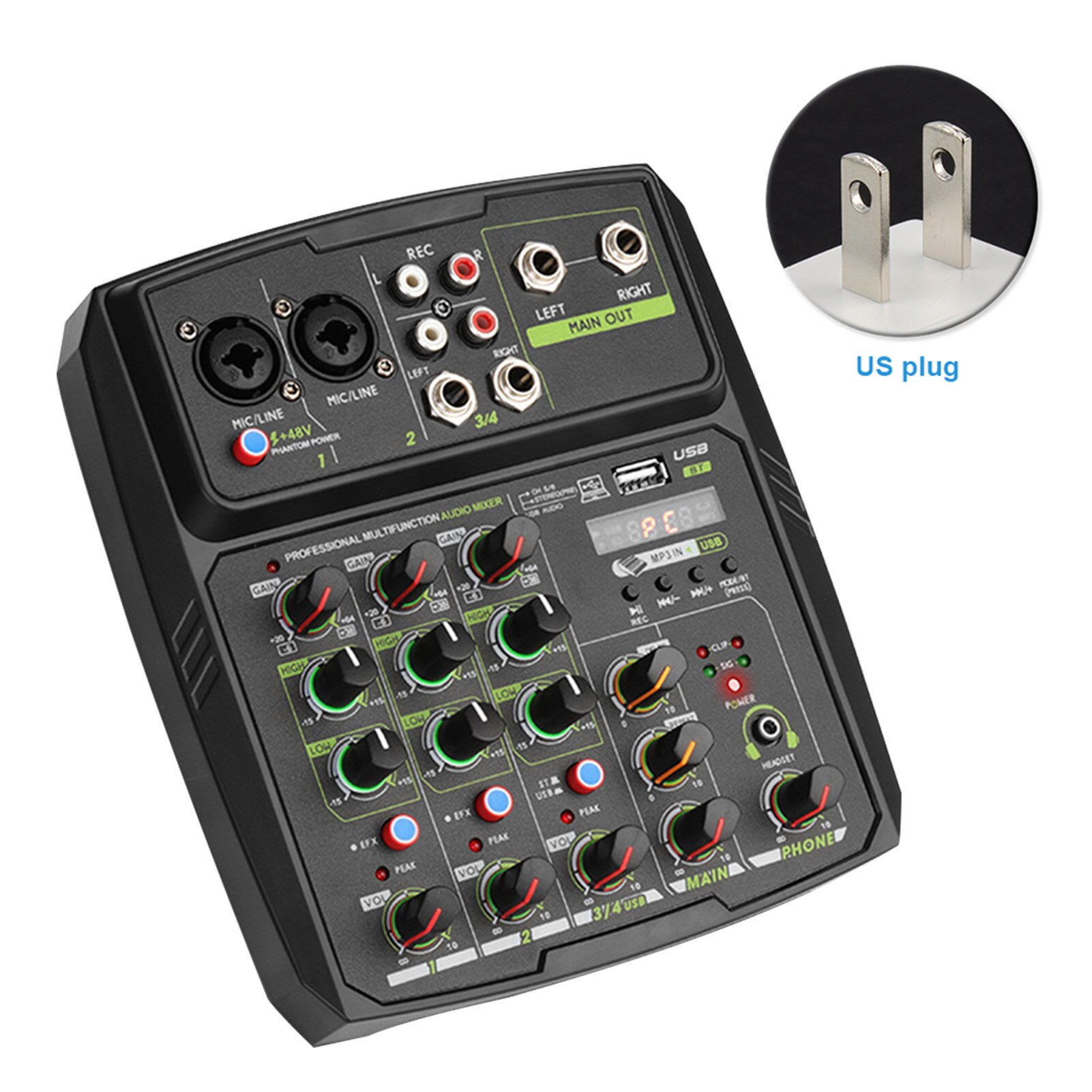 4 canais de áudio mixer usb casa mini gravação de música com placa de som bluetooth profissional estéreo mixing console festa computador: US Plug