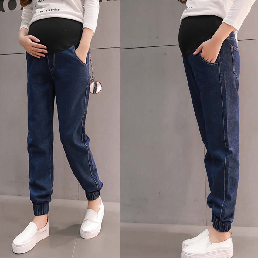 Elastic Waist Hole Stretch Denim Maternity Belly Jeans Autumn Spring Pants Clothes for Pregnant Women Pregnancy Pencil Trousers: Dark Blue / XXL