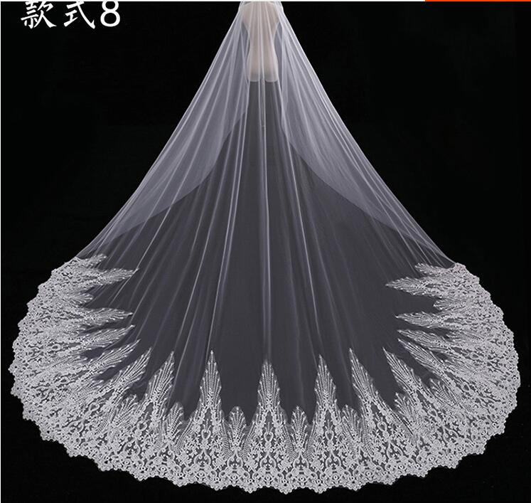 Bruidssluier lange sluier kant sluier voor bruiloft 3d bloemen sluier: Sluier 8