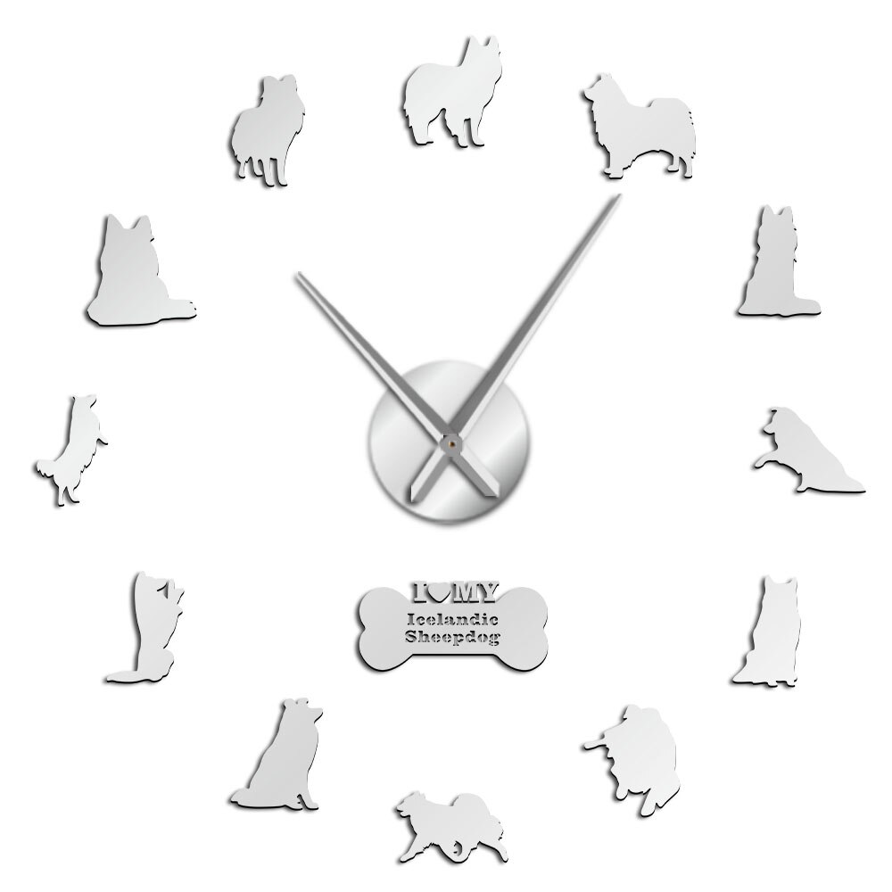 Grande horloge murale 3D suspendue en acrylique, grand décor scandinave de mouton, Surface de miroir, bricolage, Portrait de chiot pour amoureux des chiens, muet: Silver / 37inch