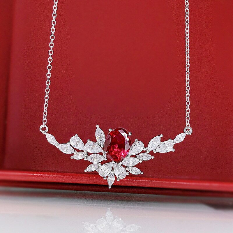 OEVAS 100% argento Sterling 925 7*9mm sintetico rubino ghiaccio fiore taglio collana pendente per le donne scintillanti matrimonio Fine Jewerly