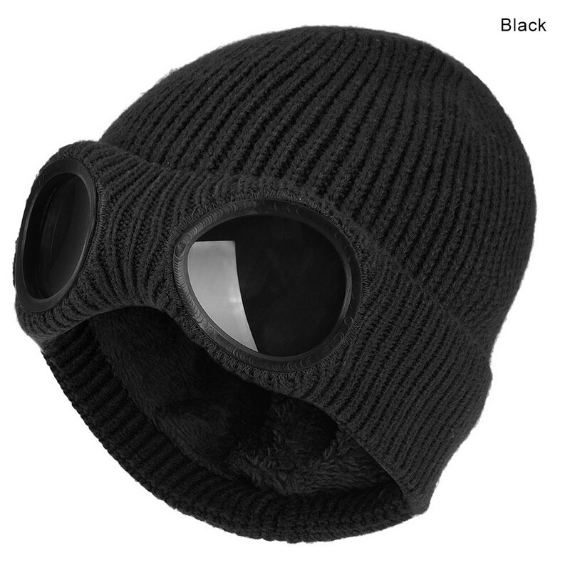 Winter Warm Knit Hats Unisex Adult Windproof Ski Caps With Removable Glasses Thicken Sports Multi-function Caps: Black