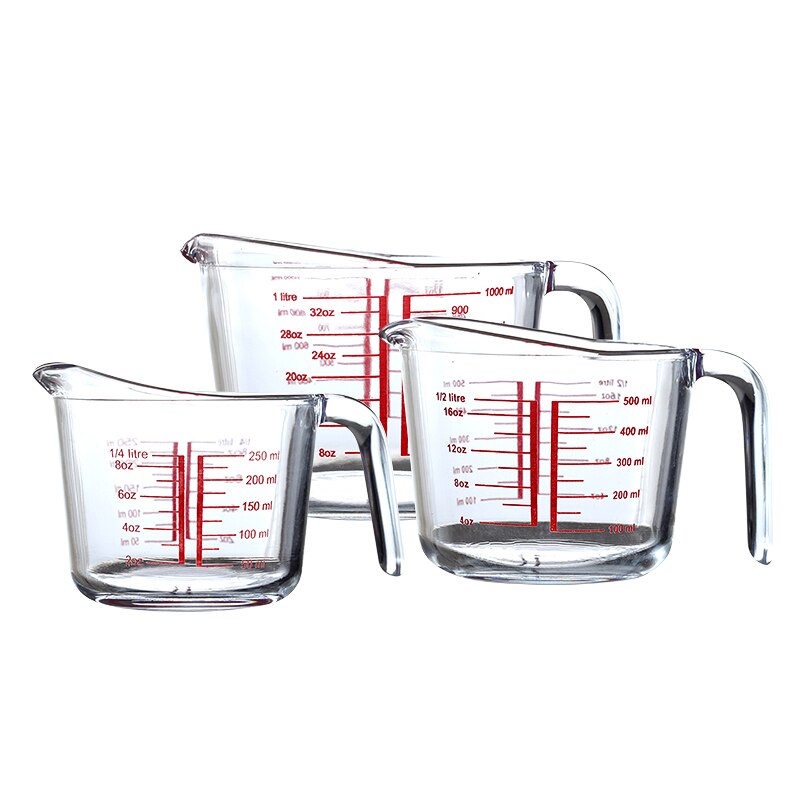 250 Ml 500 Ml 1000 Ml Gehard Transparant Glas Maatbeker Met Afgestudeerd Maatbeker Afgestudeerd Cup Water Cup Keuken bakken: 3pcs set