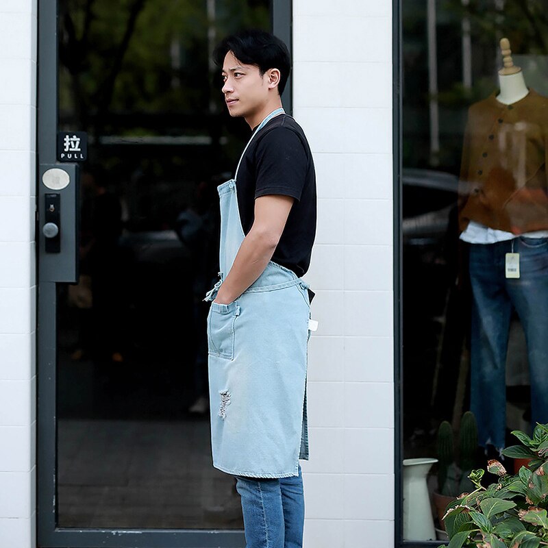 Nowo dżinsowa wiszący fartuch fartuch bez rękawów odporny na kurz ogólnie dla kuchni szefa kuchni z kieszeniami dla obu płci VK-ING